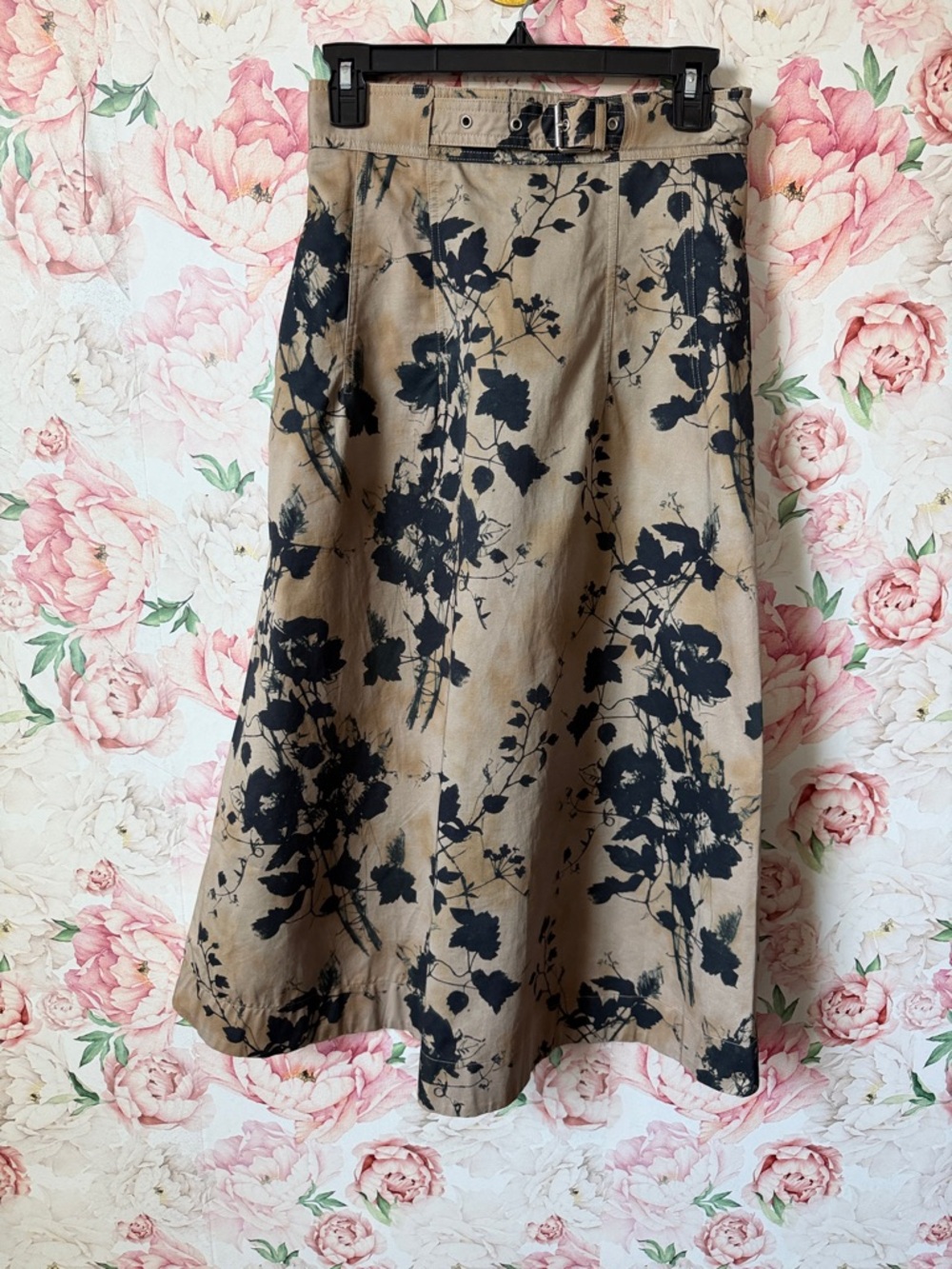 Christian Dior Midi Length A-Line Floral Skirt Tan Black Neutrals Belted Sz US 6